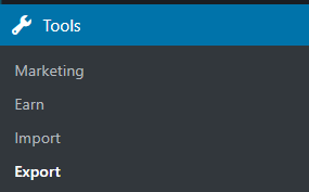 Sidebar menu with the Tools section expanded and the Export item highlighted